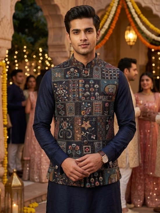 Other - Men's Navy Blue Patchwork Nehru Jacket - Embroidered Festive Vest